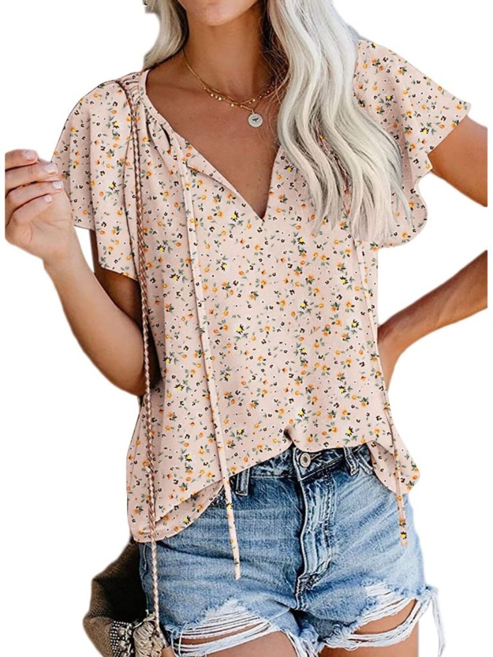 Women's Boho Tops Floral V Neck Short Sleeve Summer Blouse Shirts
